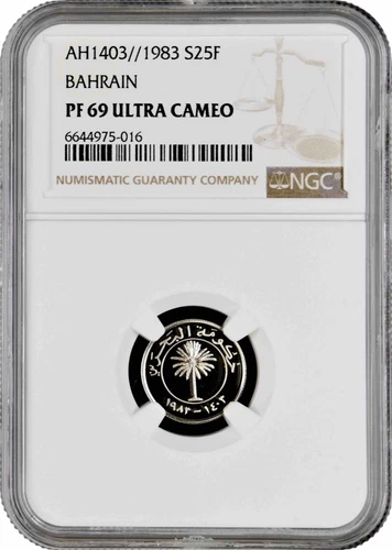 Bahrain 25 fils 1983, NGC PF69, "Isa bin Salman Al Khalifa (1961-1999)" Top Pop