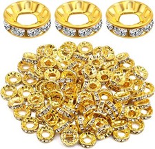 BronaGrand 100pcs 10 mm Golden Plated Rhinestone Spacer Beads Large Hole Gold