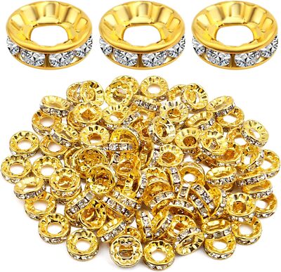 BronaGrand 100pcs 10 mm Golden Plated Rhinestone Spacer Beads Large Hole Gold 