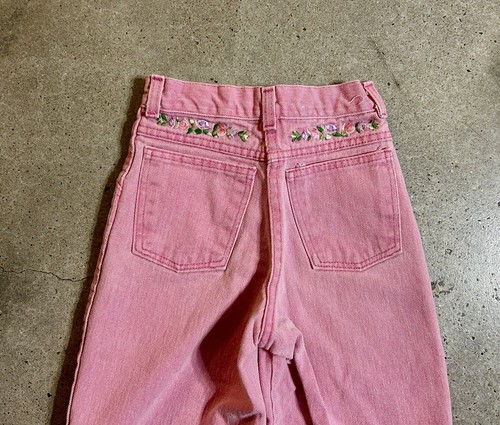 Vintage GIRLS Sz 8 SLIM Mom Jeans Pink High Waist Tapered Lace Roses 80s - Picture 3 of 9