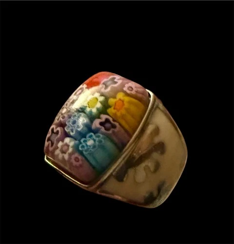 Vtg Millefiori Glass Enamel 925 Silver Groovy Flower Ring Signed Alan K 7.25