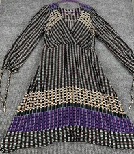 Maeve Dress Womens 10 Multicolor Geometric Wrap V Neck Long Sleeve Fit Flare