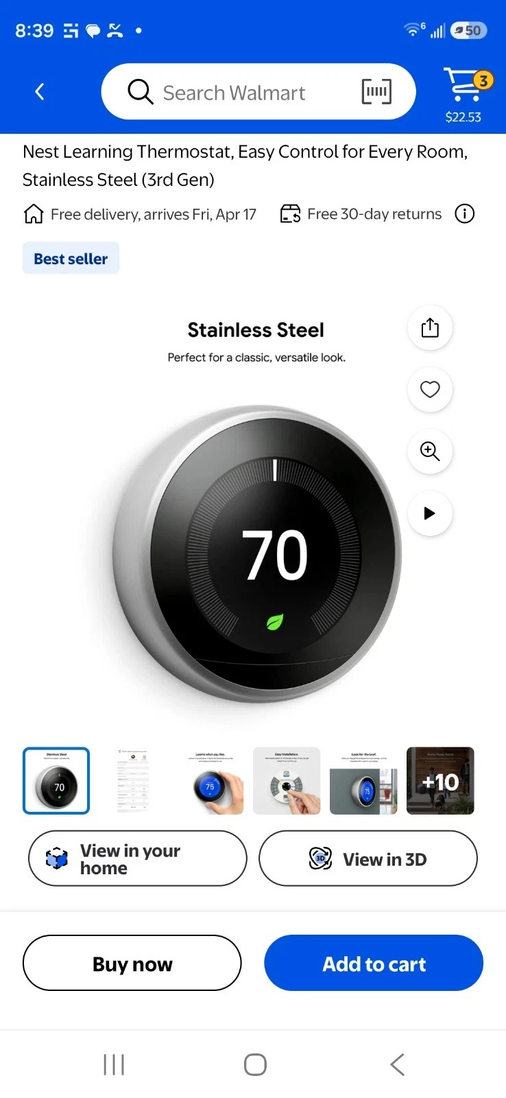 Google - Nest Learning Smart Wifi Thermostat - T3017US