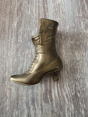 Vintage Solid Brass Victorian Lady's Boot Shoe Vase Planter Distressed Heavy