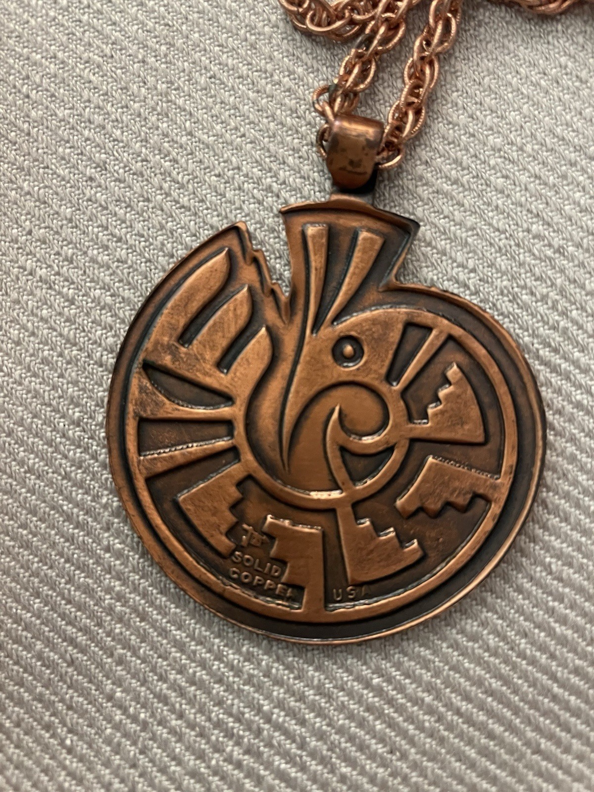 Solid Copper Stepped Meander Aztec Bird Necklace - image 3