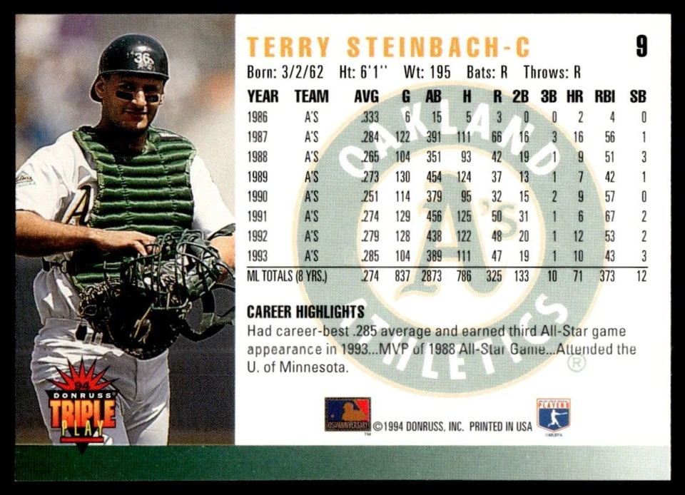 1994 Triple Play Terry Steinbach Oakland Athletics #9 - Image 2 of 2