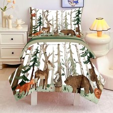 4 Pieces Woodland Animal Toddler Bedding Set, Forest Deer Bear Fox Bed Comfor...