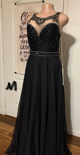 Black Mesh Long Formal Gown Beaded Sequin Sheer Back Sleeveless Solid L