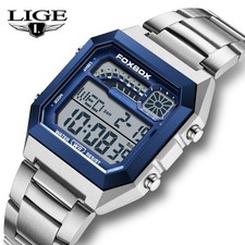 LIGE Men Watch Digital Stainless Steel Luminous Date Waterproof Sport Wristwatch