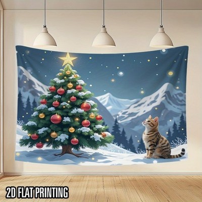 1pc Festive Christmas Tree & Cat Tapestry - 2D Flat Polyester Backdrop with Snow