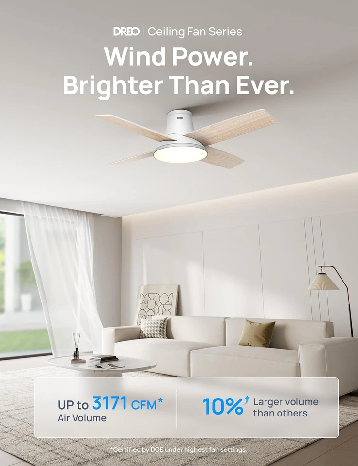 Dreo Ceiling Fans with Lights and Remote, 44 inch Low Profile 44", White - Image 3 of 4