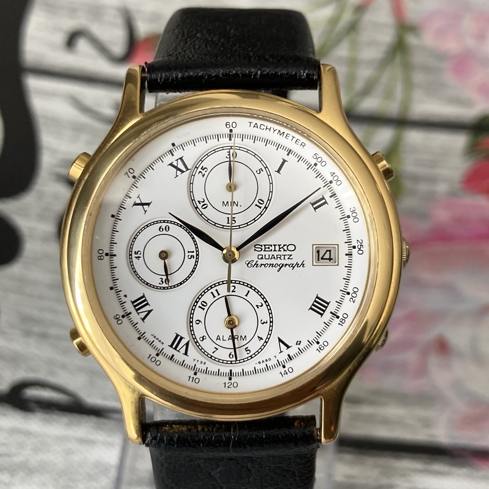 Seiko Watch 7T32 Vintage 1990s White Dial Chronograph Gold Plated 37mm Case