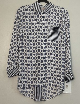 Chico's Tunic Top Shirt Size 0 Small Blue Mixed Pattern Maximalist Boho Chic