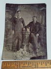 Antique Tintype Victorian Couple Studio Portrait Ornate Prop Dress Photo