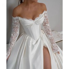 Luxurious Off Shoulder Wedding Dress Long Sleeved A-line Lace Bridal Gown