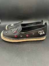 NWOB KARL LAGERFELD Malvie Logo Embellished Espadrilles Enamel Pins Black 8.5