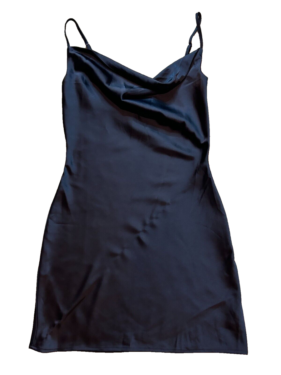Nasty Gal Cowl Neck Spaghetti Strap Solid Black Satin Mini Cocktail Slip  Dress - Main Image