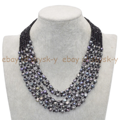 Rows 3x4mm Faceted Black Crystal 7-8mm Black Baroque Pearl