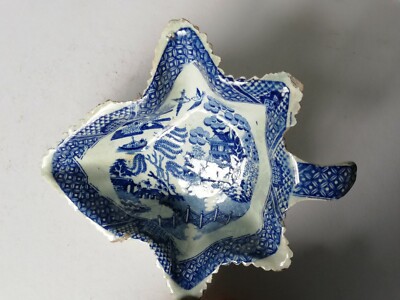 Antike Gurkenschale um 1800 blau & weiß Weidenmuster Staffordshire einige Beschädigungen