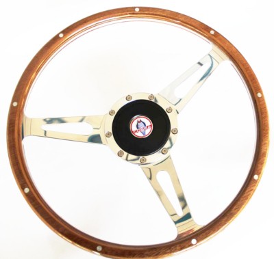 1968-77 Mustang 9 hole Retro Wood Steering Wheel 15'' Billet w/ Cobra Cap Emblem
