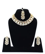 Indian Cream Beaded Gold Plated Kundan Choker Necklace Set Earrings Maang Tikka