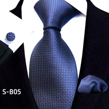 New Classic Solid Blue Jacquard Weave Men's Tie Necktie Hanky Cufflink Set