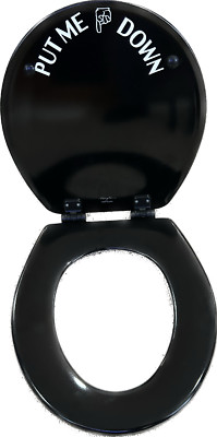 TOILET SEAT ROUND REGULAR SOLID WOOD BLACK FINISH READS  PUT ME DOWN  COVER LID