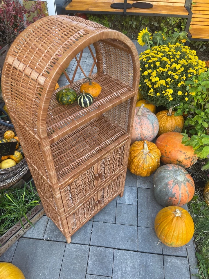 arched cabinet with doors wicker book shelf plant boho furniture bookcase - Image 4 of 4