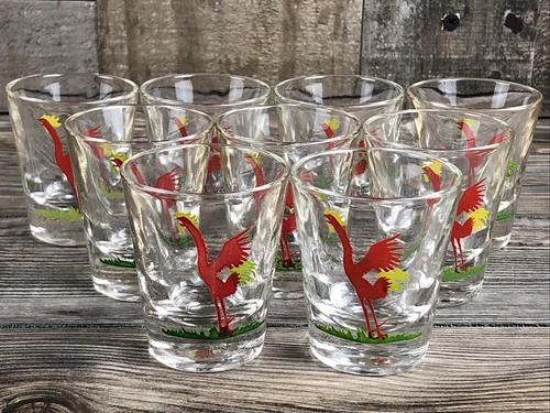 9 Vintage MCM Federal Red Rooster Shot Glasses Barware