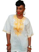 Off-White African Dashiki Top with Golden Orange Embroidery