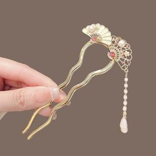 Hanfu Tassel U-Shaped Hairpin for Women Chinese Style Fan Step Hair Accessory2pc