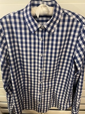 Blue Gingham Check MEDIUM Button up Career SHIRT Long Sleeves Polyester No-Iron