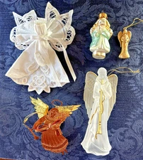 Collection of Assorted Angel Christmas Ornaments Mixed Materials, Sizes Lot of 5