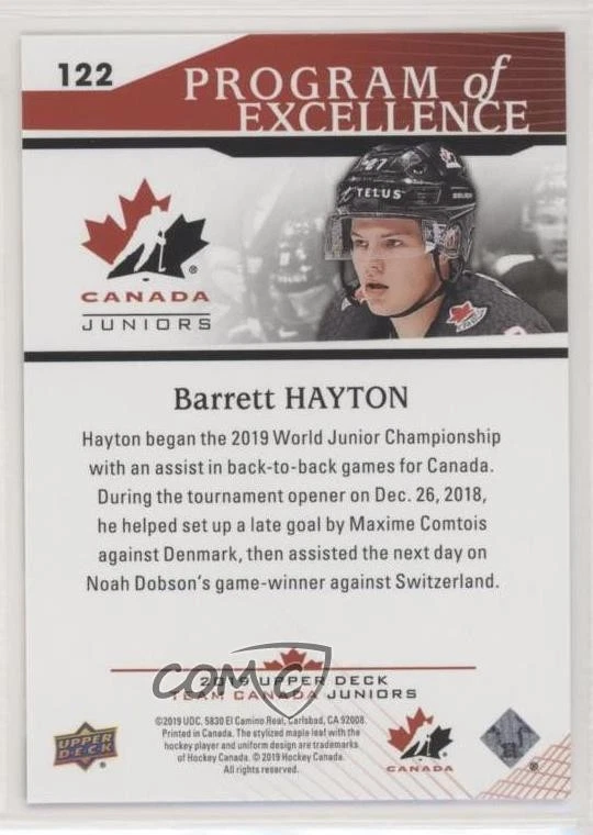 2019 Team Canada Juniors Program of Excellence Barrett Hayton #122 Rookie RC - Image 2 of 2