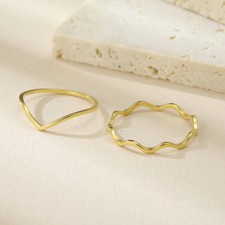 Wedding Band Ring Stainless Steel Stackable Wave Geometric Gold Color Jewelry