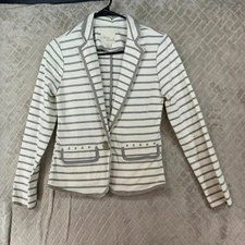 Olive & Oak Womens XS Blazer Sweater White Gray Stripes Collared Office Formal
