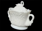 Vintage 3D swans sugar bowl white milk glass 2 handles embossed Westmoreland