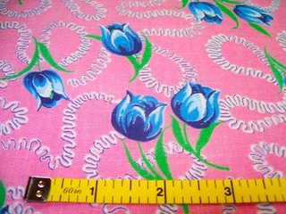Vintage Feed Sack: Blue Tulips on a Bubble Gum Pink Background