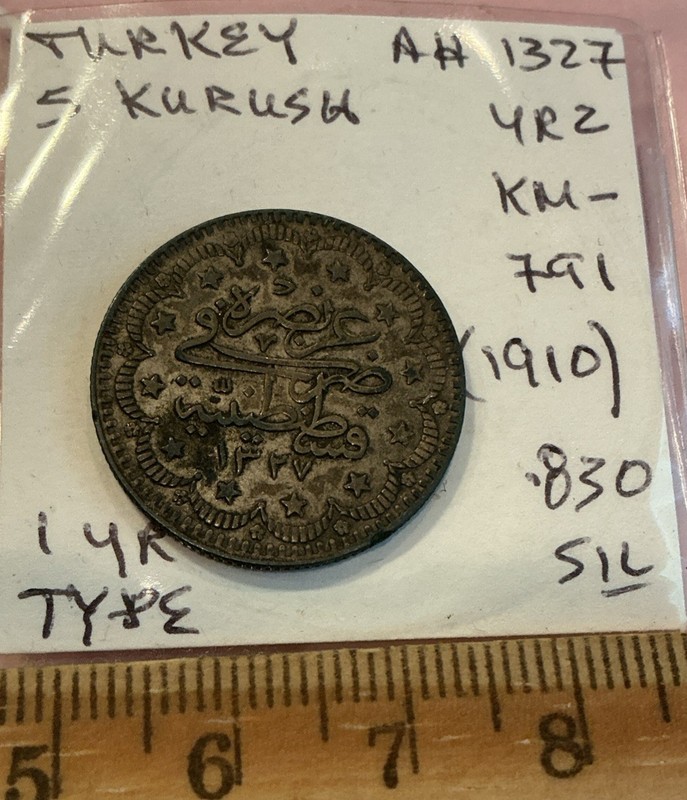 Turkey 5 Kurush AH1327(1910) Yr. 2 Silver Coin Very High Grade! See Pics…
