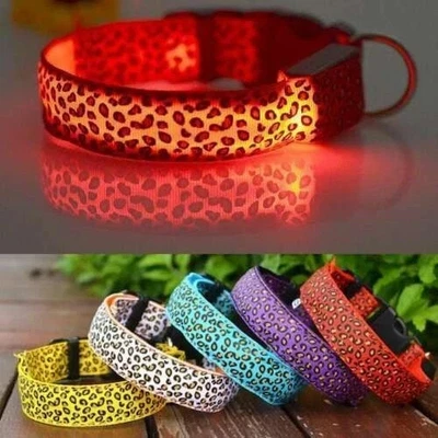 LED Dog Pet Collar Flashing Luminous Safety Night Light Up Leopard Print Nylon - Image 1 of 4