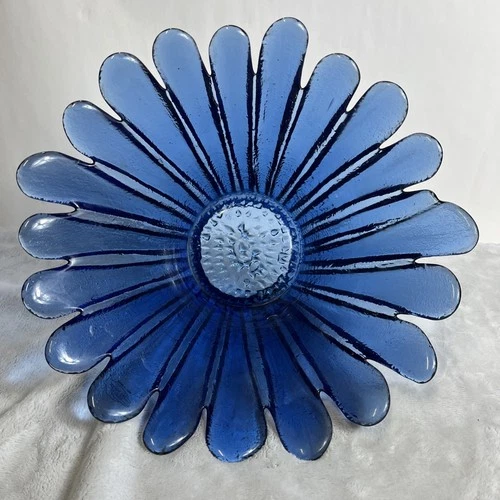 Vintage Blenko 11” Large Cobalt Blue Glass Daisy Bowl - Handcraft Hand Blown