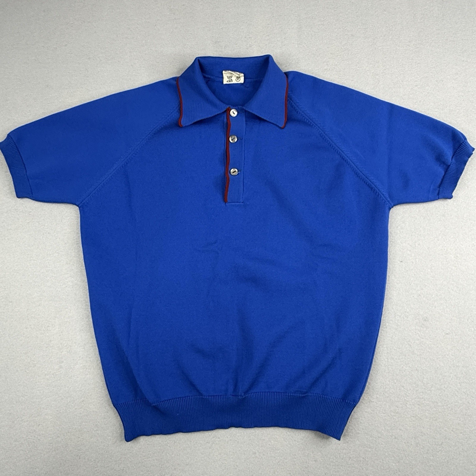 Vintage Trevira 2000 Knit Polo Shirt Blue Red Trim 70s 80s Small