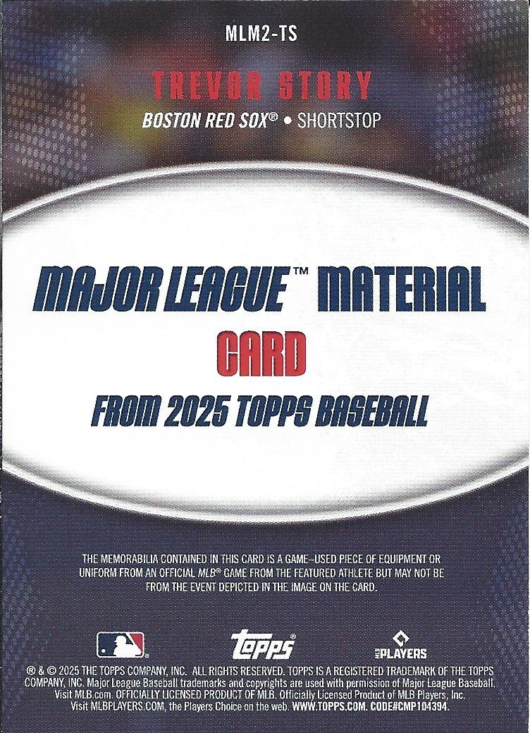 Trevor Story 2025 Topps Major League Materials Game Used Jersey Card view 2