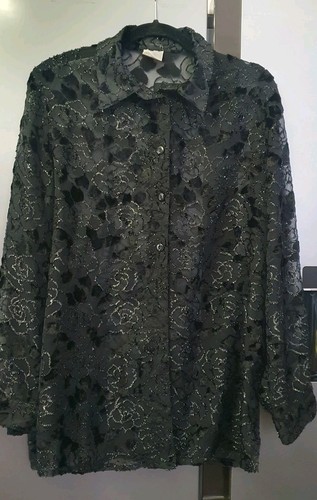 Vintage Black Burnout Blouse Tunic Shirt EU44 UK16 US12 Shiny Floral Whimsigoth - Picture 2 of 17