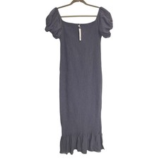 Baltic Born Alana Midi Dress Size L Slate Blue Smocked Off Shoulder Puff Sleeve
