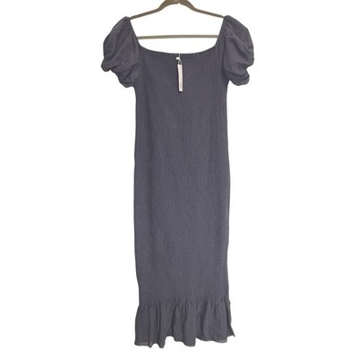Baltic Born Alana Midi Dress Size L Slate Blue Smocked Off Shoulder Puff Sleeve
