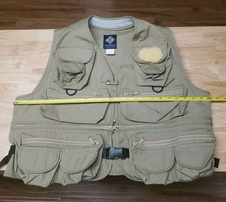 Vintage Columbia Sportswear Fly Fishing Vest Mens Large Beige Zippers Pockets