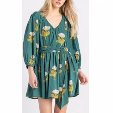 Pink Chicken Womens XS Cottagecore Floral Dress Teal Botanical 60s 70s NEW