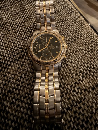 Accurist Chronograph Quartz Wristwatch Date 50M Black Dial Gold Silver Bracelet