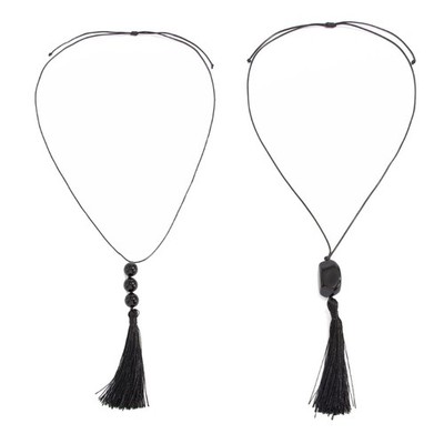 Stylish Retro Long Fringe Necklace Featuring Black Resin Beads And Wax String